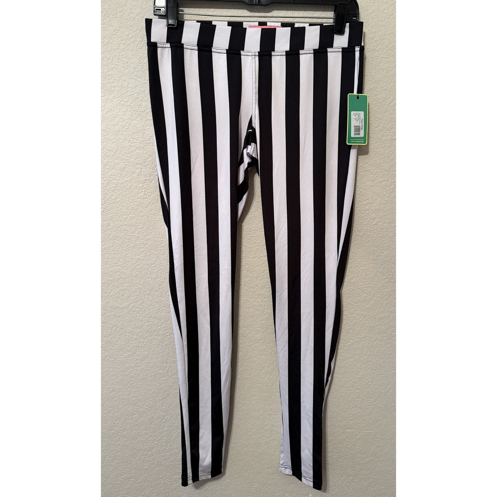 NWT Tipsy Elves Leggings Women's Medium Black White Stripe Ankle Elastic Waist